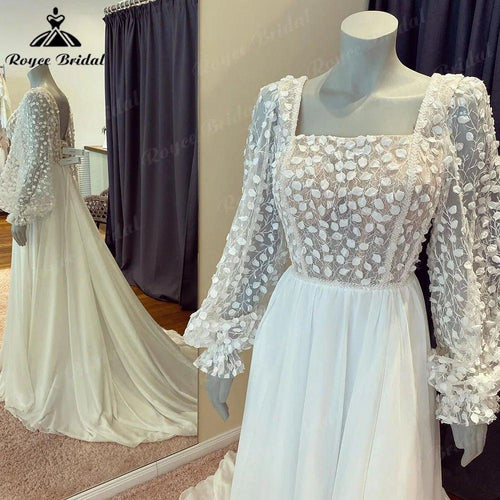 NumberSea Hochzeit Robe de mariée avec corsage en dentelle, mousseline bohème à manches longues bouffantes pour femmes 2024, robe de mariée de plage champêtre style bohème Vestido Novia