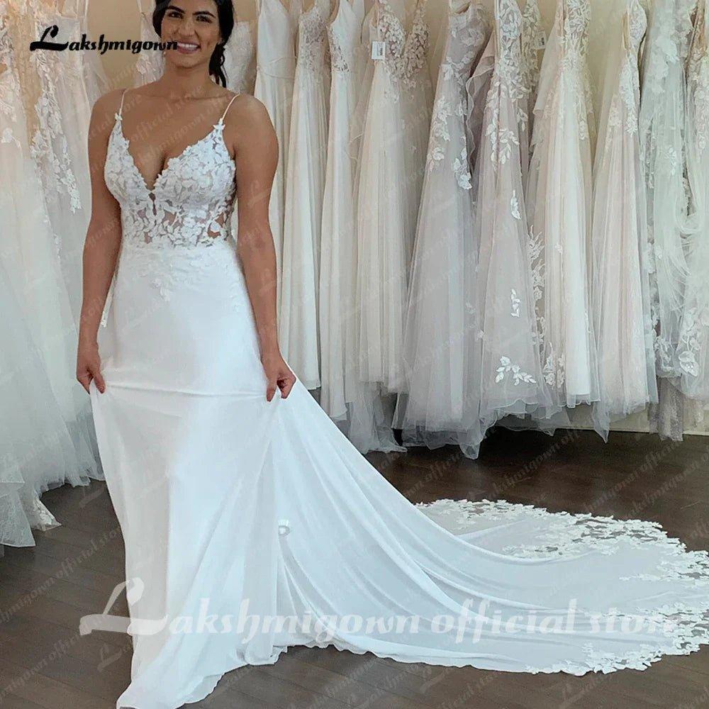 NumberSea Ivory Lace Appliques Chiffon Floor-Length A-Line Wedding Dresses Chapel Train Custom Made V-Neck Bridal Gown