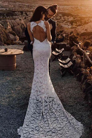 NumberSea Elfenbeinfarbenes Meerjungfrau-Brautkleid mit rückenfreiem Spitzendesign und Schlitz, Brautkleid, MW999