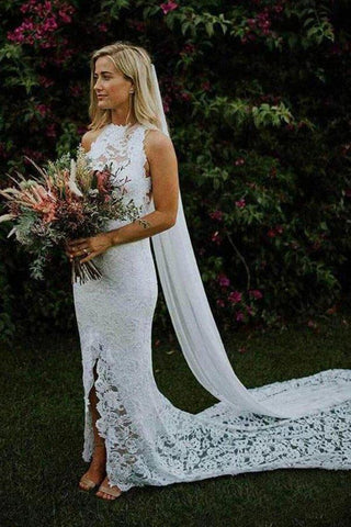 NumberSea Elfenbeinfarbenes Meerjungfrau-Brautkleid mit rückenfreiem Spitzendesign und Schlitz, Brautkleid, MW999