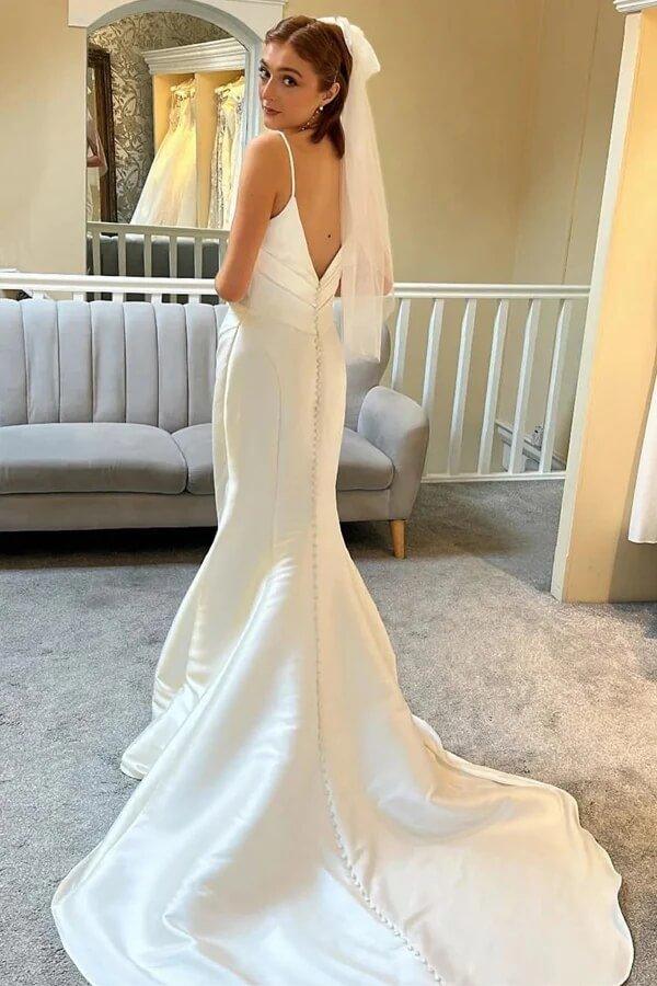 NumberSea Ivory Mermaid Spaghetti Straps Backless Wedding Dress With Court Train, MW1010