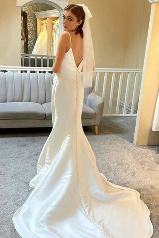 NumberSea Elfenbeinfarbenes Meerjungfrau-Brautkleid mit Spaghettiträgern und rückenfreiem Schnitt und Hofschleppe, MW1010