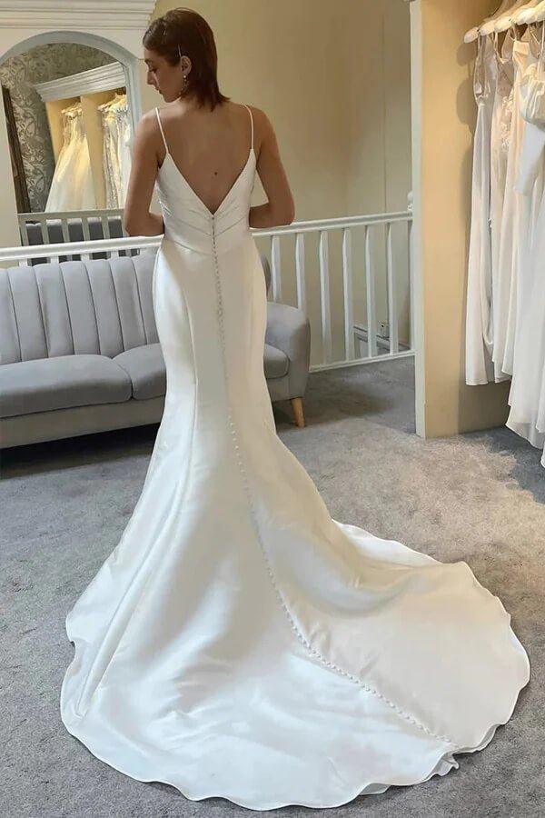 NumberSea Ivory Mermaid Spaghetti Straps Backless Wedding Dress With Court Train, MW1010