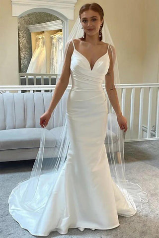 NumberSea Elfenbeinfarbenes Meerjungfrau-Brautkleid mit Spaghettiträgern und rückenfreiem Schnitt und Hofschleppe, MW1010