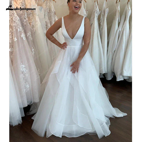 Vestidos de noiva com folhos em marfim NumberSea 2025 Vestidos de noiva Boda Civil Mulher Boho Vestidos de noiva com decote profundo 