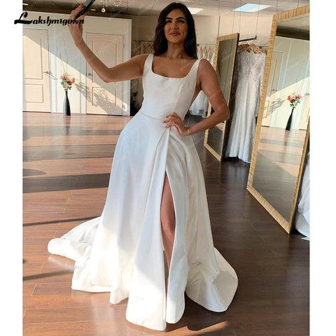 NumberSea Elfenbein Satin Scoop Neck Sleeveless Bodenlangen A-linie Brautkleid 2025 Split Garten Brautkleid Robe De Mariage 