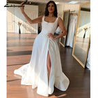 NumberSea Ivory Satin Scoop Neck Sleeveless Floor-Length A-line Wedding Dress 2025 Split Garden Bridal GownRobe De Mariage
