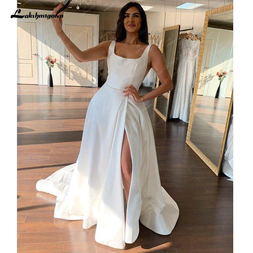Robe de mariée NumberSea en satin ivoire, col en cœur sans manches, longueur sol, ligne A, collection 2025, avec fente et motif jardin