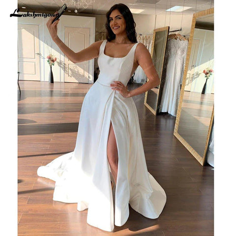 NumberSea Elfenbein Satin Scoop Neck Sleeveless Bodenlangen A-linie Brautkleid 2025 Split Garten Brautkleid Robe De Mariage 