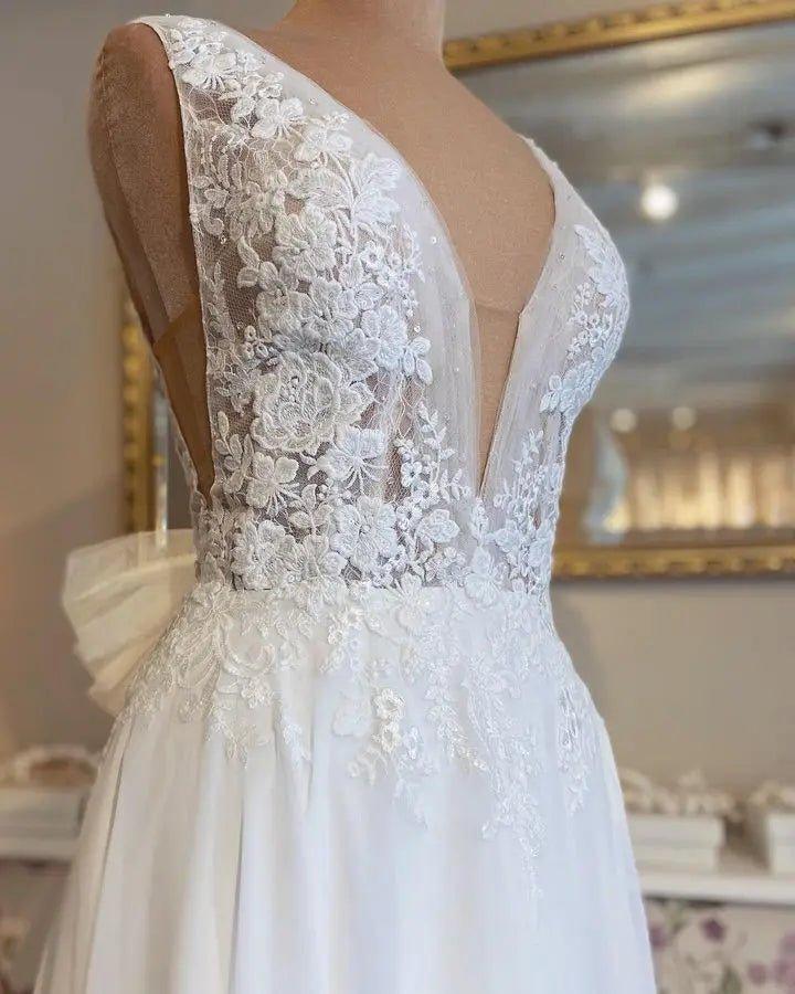 NumberSea Lace Appliques Boho Chiffon Wedding Dress Deep V-neck A Line Sexy Women Civil Bridal  Wedding Gowns