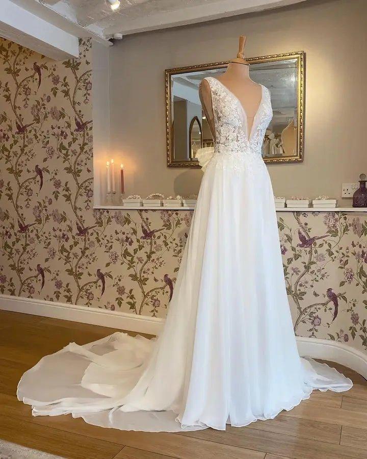 NumberSea Lace Appliques Boho Chiffon Wedding Dress Deep V-neck A Line Sexy Women Civil Bridal  Wedding Gowns