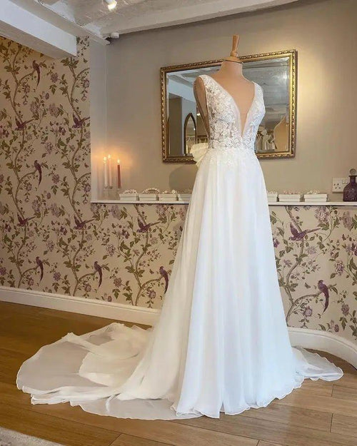 Robe de mariée en mousseline de soie boho avec applications de dentelle NumberSea, décolleté profond en V, coupe A, sexy, pour femmes, civile, robes de mariée