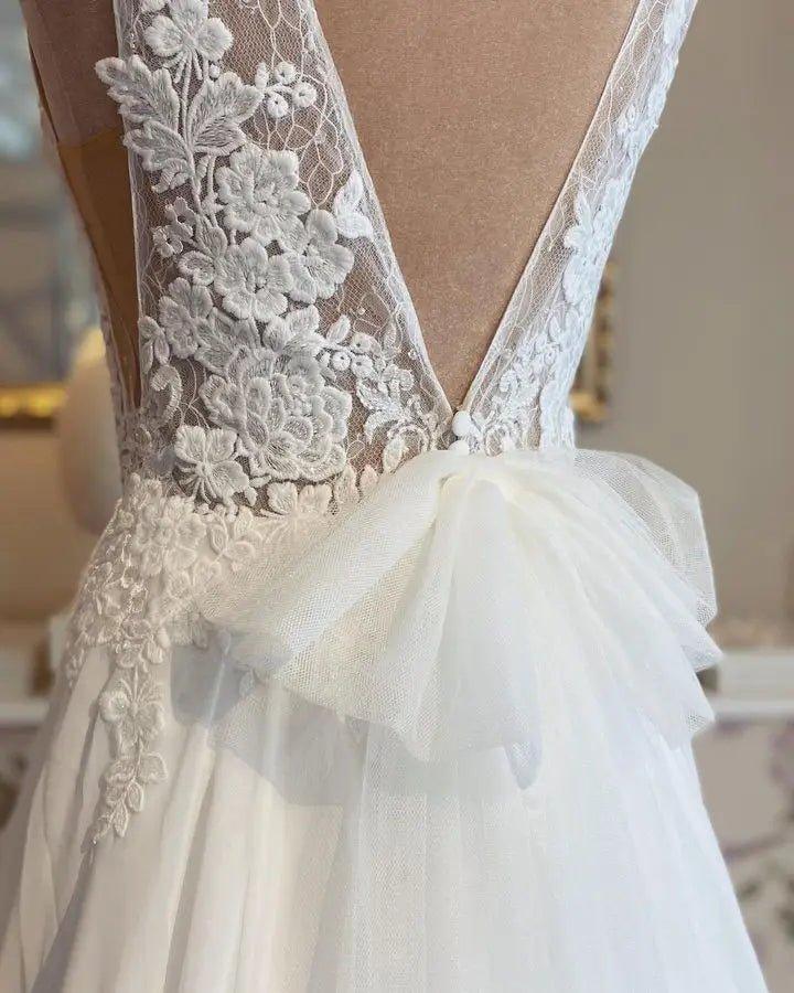 NumberSea Lace Appliques Boho Chiffon Wedding Dress Deep V-neck A Line Sexy Women Civil Bridal  Wedding Gowns