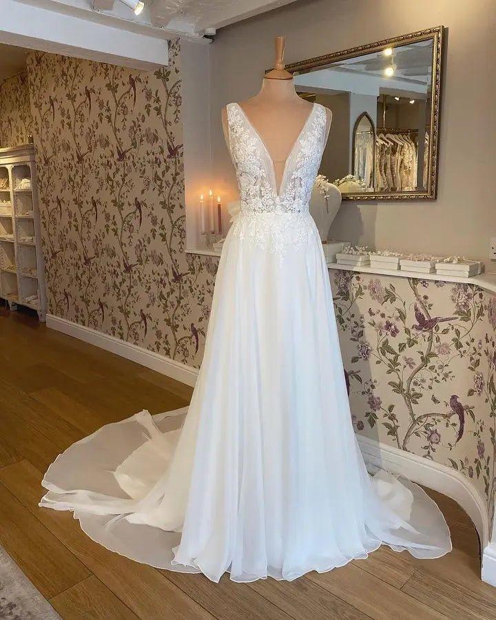 NumberSea Lace Appliques Boho Chiffon Wedding Dress Deep V-neck A Line Sexy Women Civil Bridal  Wedding Gowns