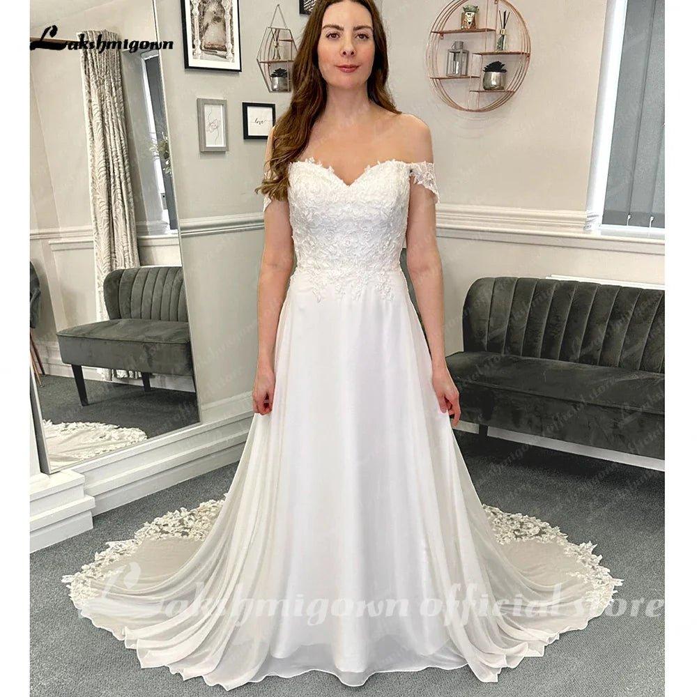 NumberSea Lace Appliques Boho Chiffon Wedding Dress with Detachable Sleeves Beach Women Civil Bridal  Wedding Gowns