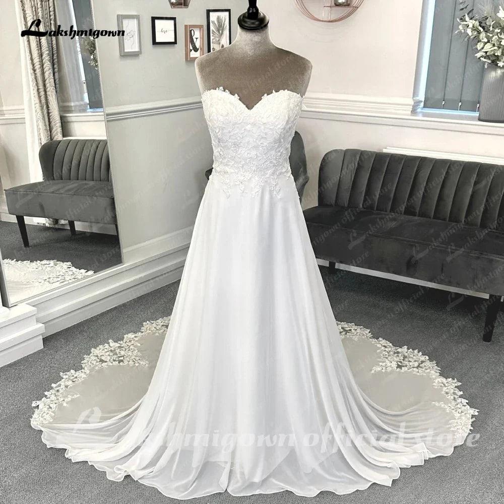 NumberSea Lace Appliques Boho Chiffon Wedding Dress with Detachable Sleeves Beach Women Civil Bridal  Wedding Gowns