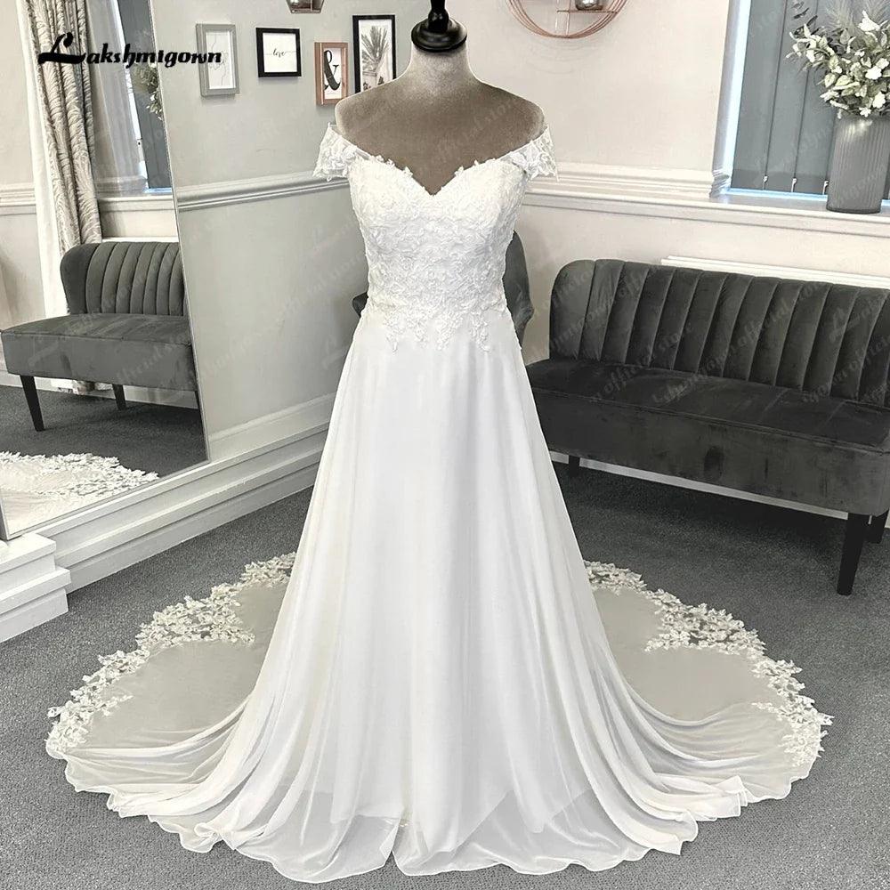 NumberSea Lace Appliques Boho Chiffon Wedding Dress with Detachable Sleeves Beach Women Civil Bridal  Wedding Gowns