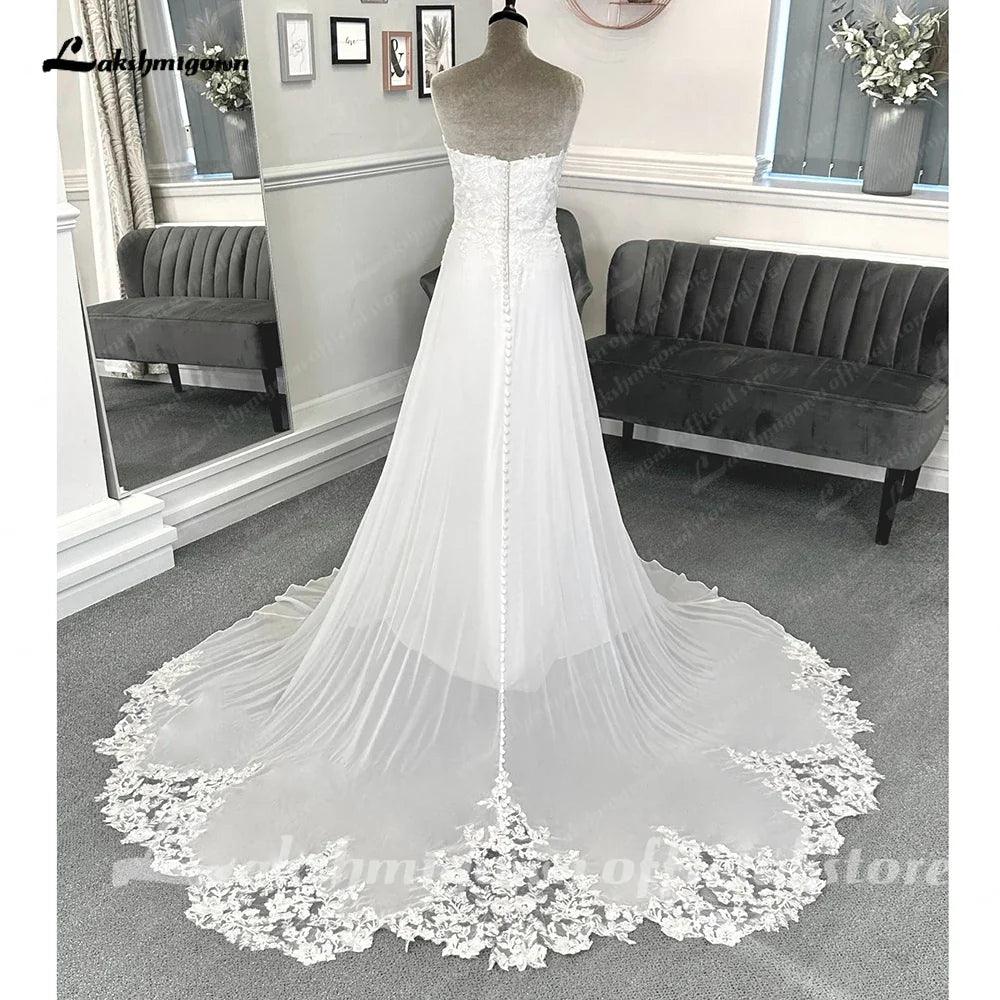 NumberSea Lace Appliques Boho Chiffon Wedding Dress with Detachable Sleeves Beach Women Civil Bridal  Wedding Gowns