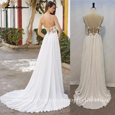 NumberSea Spitzenapplikationen Chiffon Open Back V-Ausschnitt Spaghettiträger Strand Brautkleid A-Linie 2025 Vestido Novia 