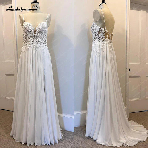 NumberSea Spitzenapplikationen Chiffon Open Back V-Ausschnitt Spaghettiträger Strand Brautkleid A-Linie 2025 Vestido Novia 