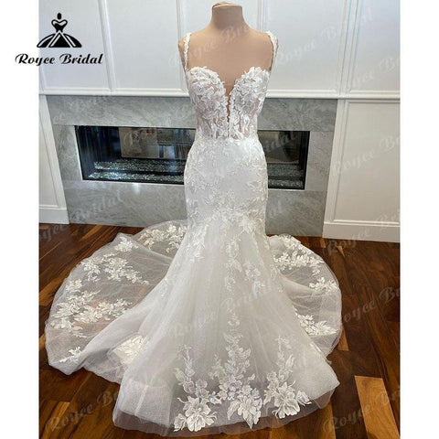 NumberSea Spitze Appliques Spaghetti-trägern Shiny Glitter Meerjungfrau/Trompete Hochzeit Kleid Schatz Hals 2025 vestido de boda corte sirena 