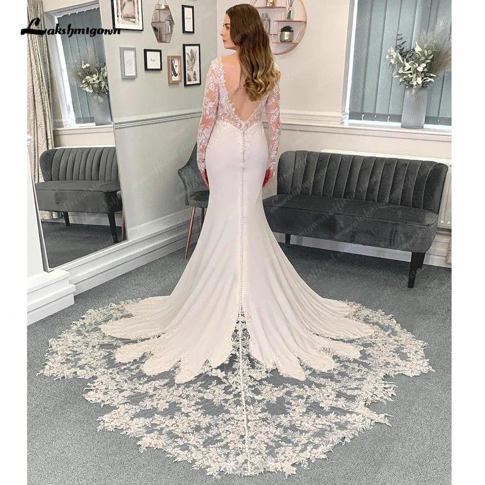 NumberSea Lace Appliques V Neck Soft Satin Long Sleeves Mermaid/Trumpet Boho Wedding Dress Illusion robe mariée sirene