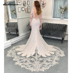 NumberSea Lace Appliques V Neck Soft Satin Long Sleeves Mermaid/Trumpet Boho Wedding Dress Illusion robe mariée sirene