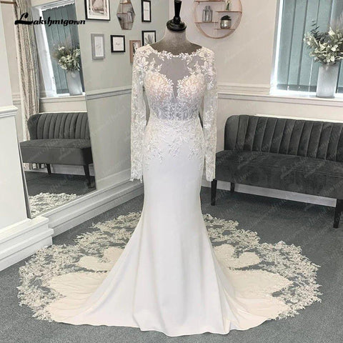 Vestido de noiva estilo sereia/trompete, mangas compridas, aplicações de renda NumberSea, decote em V, cetim macio, ilusão, robe mariée sirene 