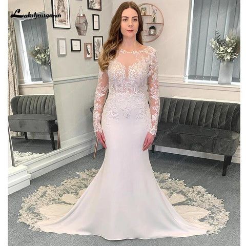 Vestido de noiva estilo sereia/trompete, mangas compridas, aplicações de renda NumberSea, decote em V, cetim macio, ilusão, robe mariée sirene 
