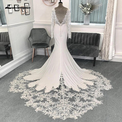 Vestido de noiva estilo sereia/trompete, mangas compridas, aplicações de renda NumberSea, decote em V, cetim macio, ilusão, robe mariée sirene 