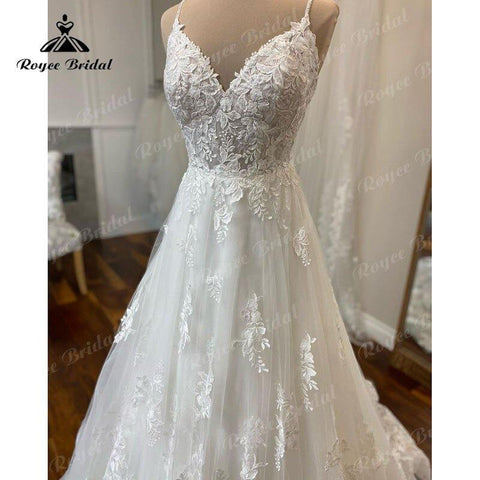 NumberSea Spitze Appliques V-Ausschnitt Spaghetti-Trägern Boho A-Linie Brautkleid 2025 Vintage Strand Brautkleider Nach Maß Vestidos De Fiesta 