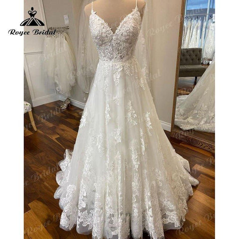 NumberSea Spitze Appliques V-Ausschnitt Spaghetti-Trägern Boho A-Linie Brautkleid 2025 Vintage Strand Brautkleider Nach Maß Vestidos De Fiesta 