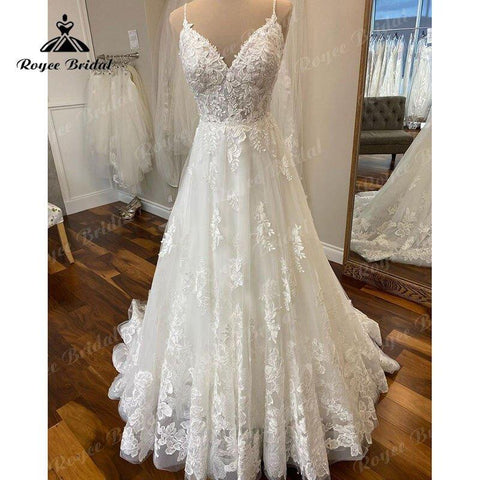 NumberSea Spitze Appliques V-Ausschnitt Spaghetti-Trägern Boho A-Linie Brautkleid 2025 Vintage Strand Brautkleider Nach Maß Vestidos De Fiesta 