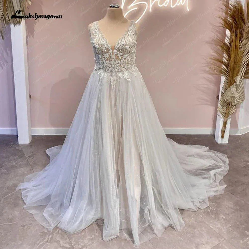 NumberSea Lace Beads Champagne V Neck Wedding Dress for Women 2025 Bridal Gown Cutsom Made Court Train  vestidos para mujer