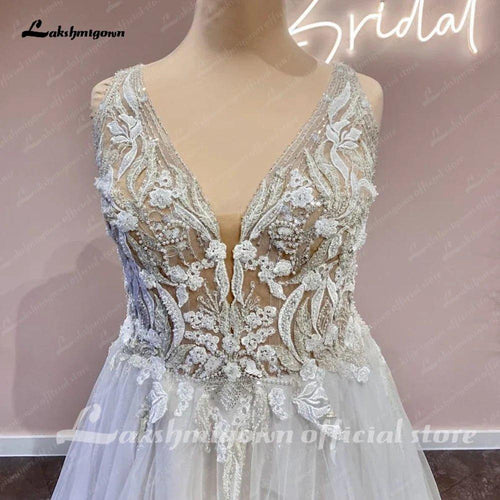 NumberSea Abito da Sposa con Perle e Pizzo Champagne Scollatura a V per Donna 2025 Abito Nuziale Su Misura con Strascico Corto vestidos para mujer