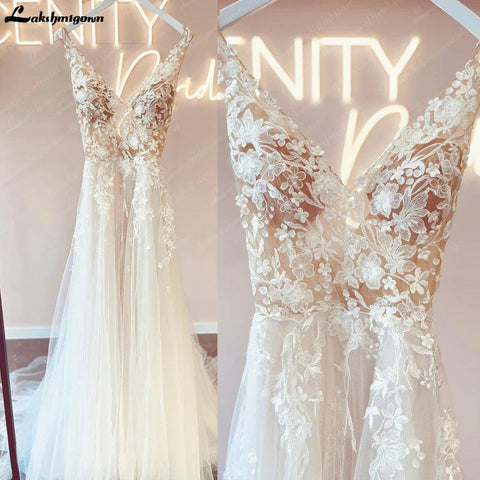 Vestido de noiva estilo boho com decote em V e alças finas, corpete de renda NumberSea, corte A, 2025 