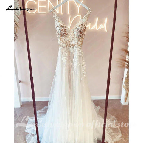 Vestido de noiva estilo boho com decote em V e alças finas, corpete de renda NumberSea, corte A, 2025 