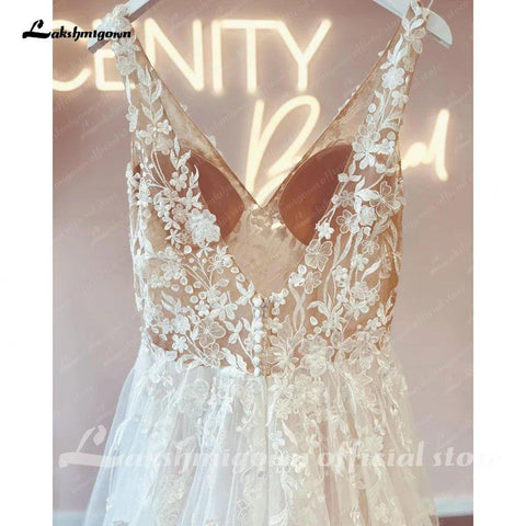 Vestido de noiva estilo boho com decote em V e alças finas, corpete de renda NumberSea, corte A, 2025 