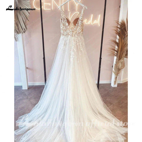 Vestido de noiva estilo boho com decote em V e alças finas, corpete de renda NumberSea, corte A, 2025 