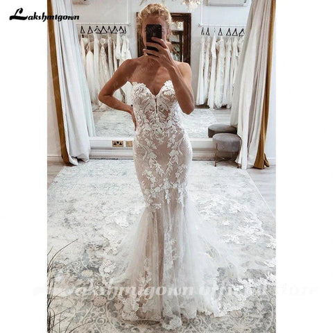 Vestido de noiva estilo Boho com renda NumberSea 2025, ombro de fora, aplicações em forma de coração, cauda longa, corte sereia 
