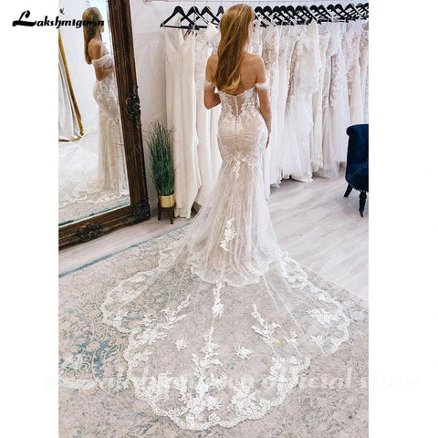 Vestido de noiva estilo Boho com renda NumberSea 2025, ombro de fora, aplicações em forma de coração, cauda longa, corte sereia 