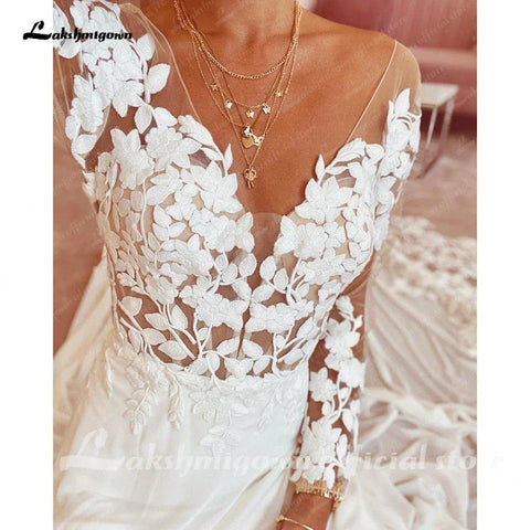 NumberSea Spitze Chiffon Rückenfreies Brautkleid für Frauen 2025 Lange Ärmel Strand Brautkleid Gericht Zug vestidos para mujer 