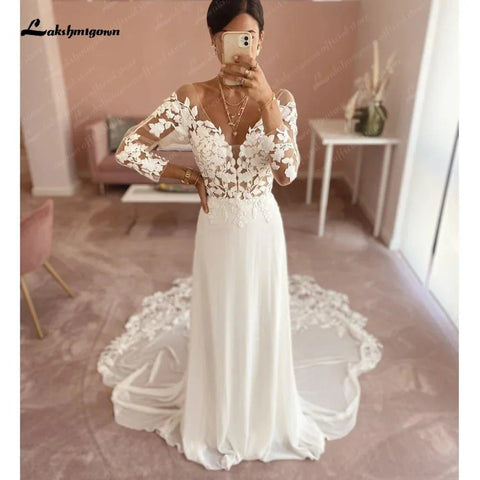NumberSea Spitze Chiffon Rückenfreies Brautkleid für Frauen 2025 Lange Ärmel Strand Brautkleid Gericht Zug vestidos para mujer 