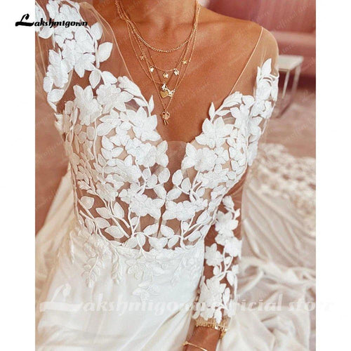 NumberSea Abito da Sposa in Chiffon con Pizzo e Schiena Scoperta per Donna 2025 Maniche Lunghe Abito da Sposa da Spiaggia con Strascico da Corte vestidos para mujer