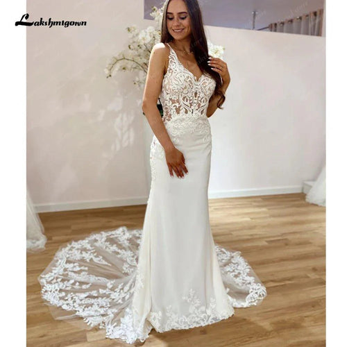 Vestito da Sposa Mermaid in Pizzo Crepe NumberSea con Scollo e Treno Lungo, Abiti da Sposa Boho Civili 2025 per Donna