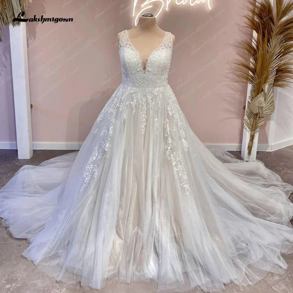 NumberSea Lace Floral V Neck Backless Wedding Dress for Women 2025 Bridal Gown Cutsom Made Sweep Train  vestidos para mujer