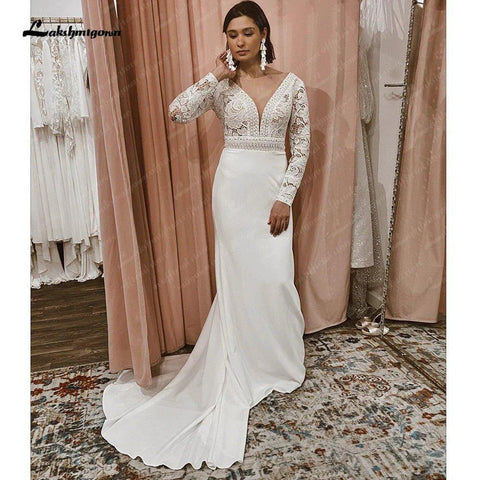 NumberSea Spitze Langarm Crepe Brautkleider 2025 Robe Satin Plus Größe Meerjungfrau Brautkleider Hochzeit 