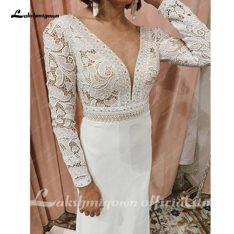 NumberSea Spitze Langarm Crepe Brautkleider 2025 Robe Satin Plus Größe Meerjungfrau Brautkleider Hochzeit 
