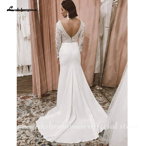 NumberSea Spitze Langarm Crepe Brautkleider 2025 Robe Satin Plus Größe Meerjungfrau Brautkleider Hochzeit 