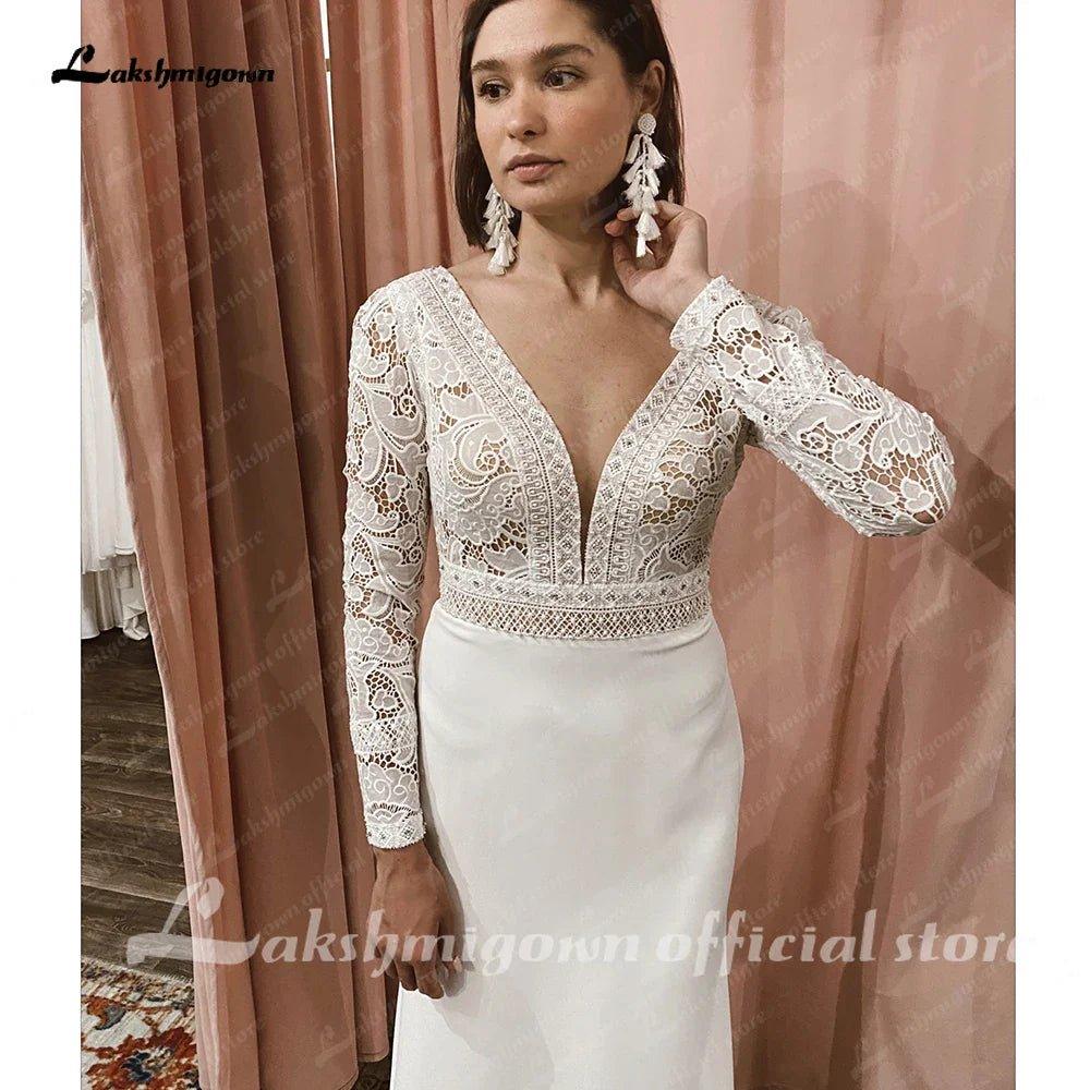 NumberSea Lace Long Sleeve Crepe Wedding Dresses 2025 Robe Satin Plus Size Mermaid Bridal Gowns Hochzeit